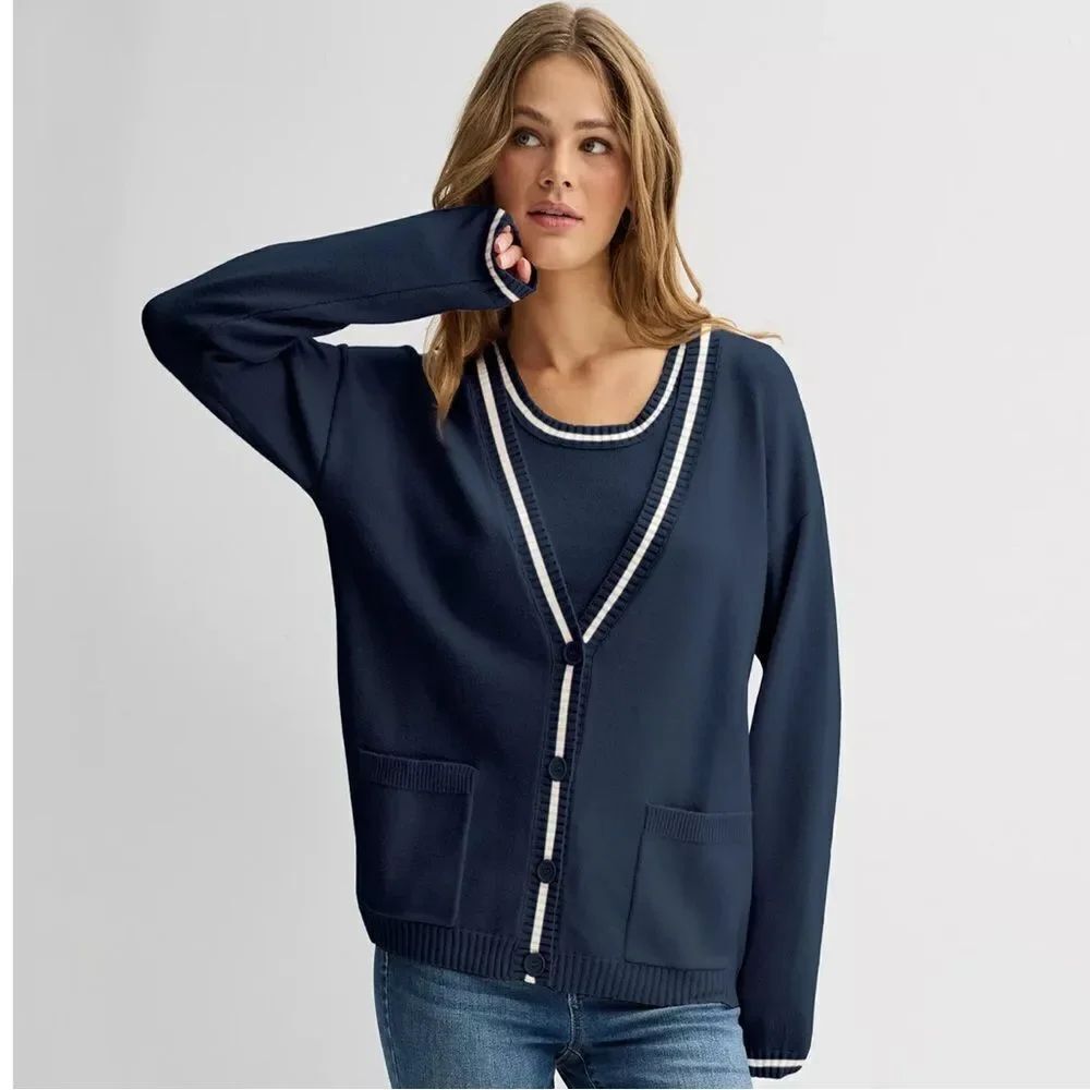 Pink Republic XS-S Navy White Stripe Knit Button V-Neck Cardigan with Pockets